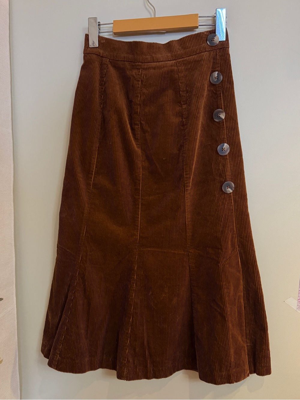 Women’s Brown Corduroy A-Line Skirt with Side Buttons